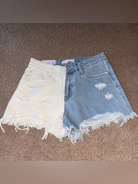 Vervet Two-Tone High-Rise Denim Shorts in White & Light Blue